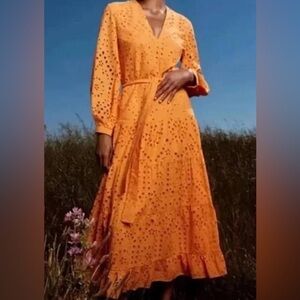 Zara Orange Eyelet Maxi Dress spring midi dress size small spring tropical beach